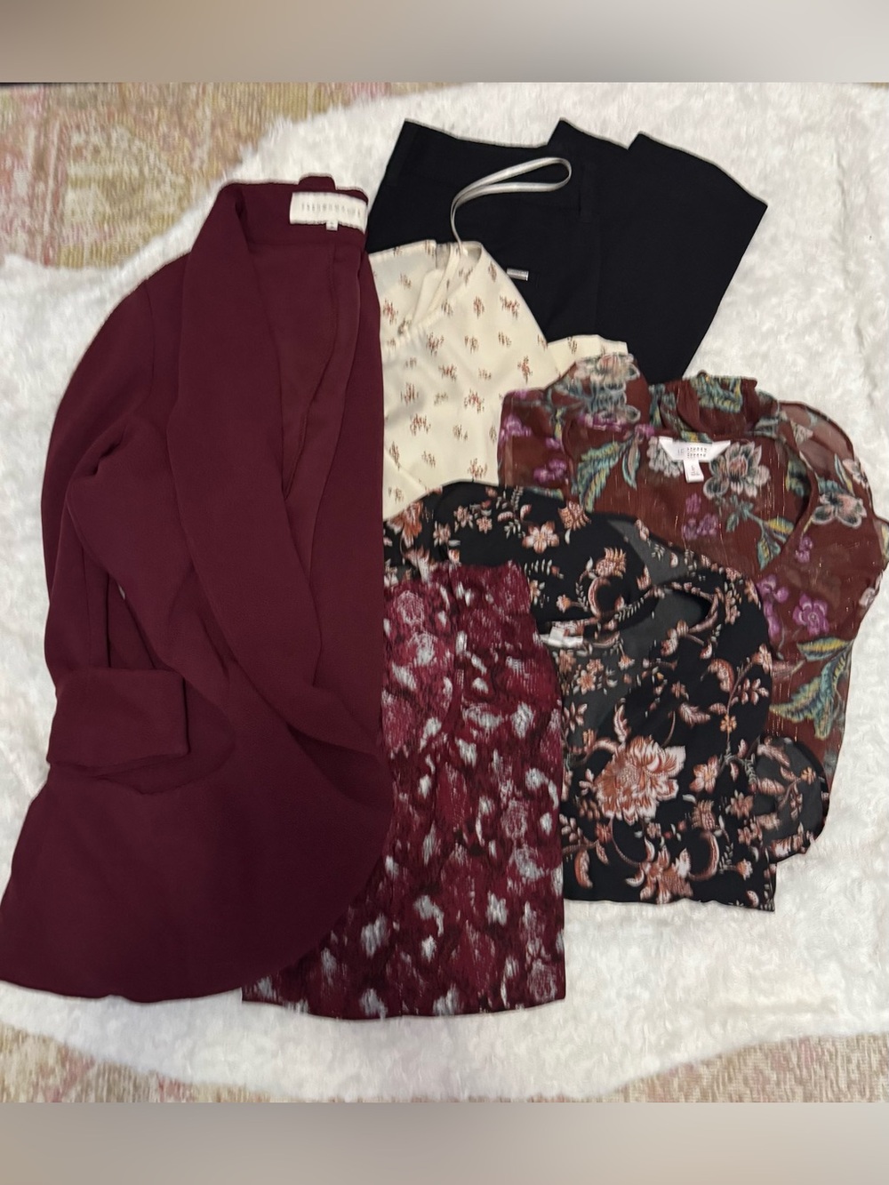 BUNDLE - White House Black Market Maroon Floral Mix Blouses, Jacket & Pants